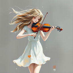 a beautiful girl with flowing hair gently blown by the wind, playing the violin, wearing a short white dress, set against a gray background, depicted in an abstract painting style