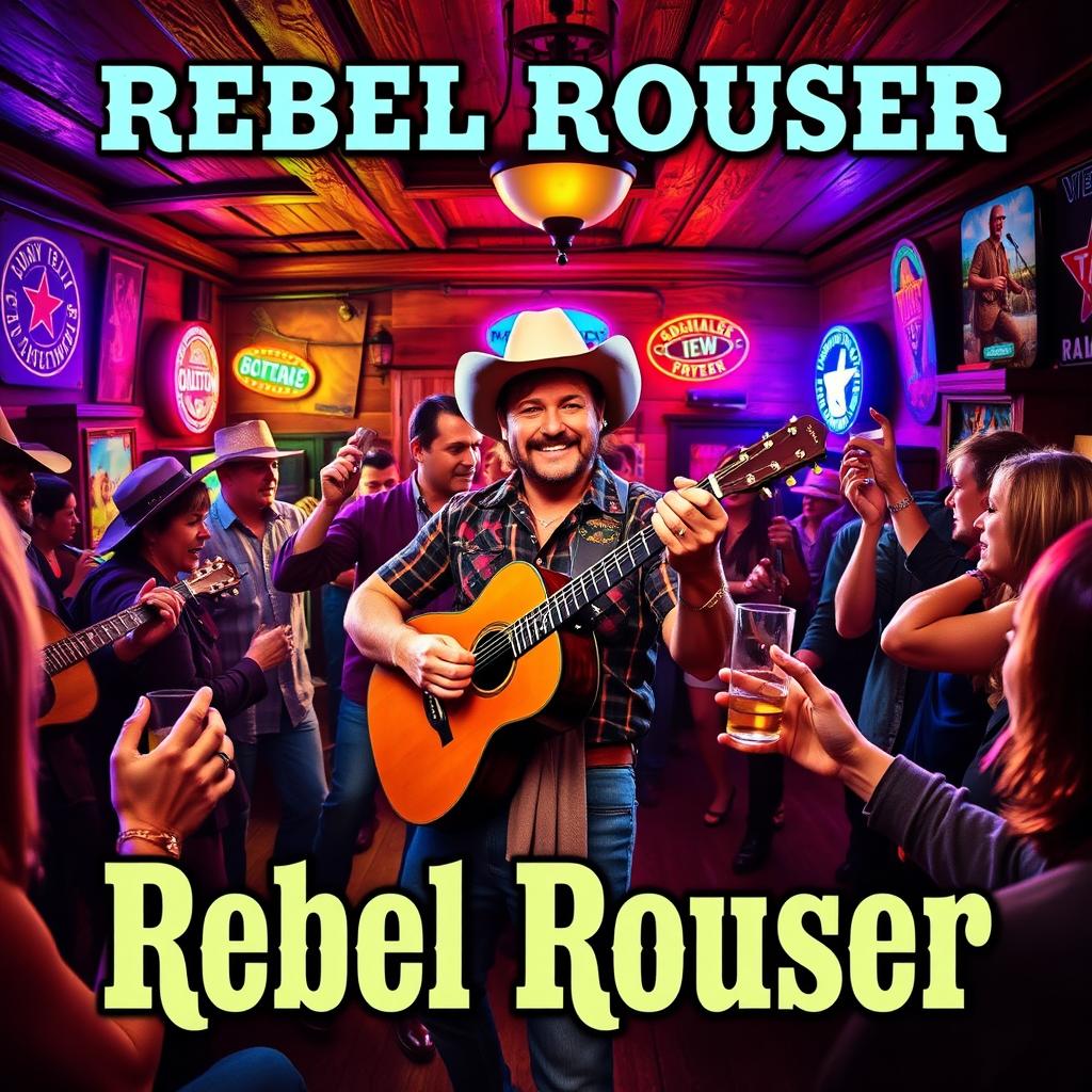 A vibrant and rebellious honky-tonk CD cover for "Rebel Rouser" featuring a lively saloon scene