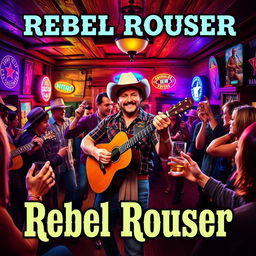 A vibrant and rebellious honky-tonk CD cover for "Rebel Rouser" featuring a lively saloon scene