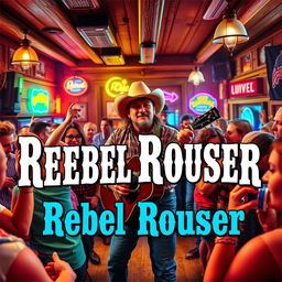 A vibrant and rebellious honky-tonk CD cover for "Rebel Rouser" featuring a lively saloon scene