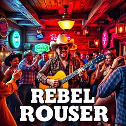A vibrant and rebellious honky-tonk CD cover for "Rebel Rouser" featuring a lively saloon scene