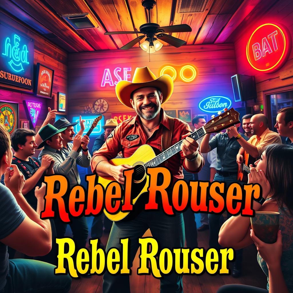 A vibrant and rebellious honky-tonk CD cover for "Rebel Rouser" featuring a lively saloon scene