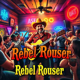 A vibrant and rebellious honky-tonk CD cover for "Rebel Rouser" featuring a lively saloon scene