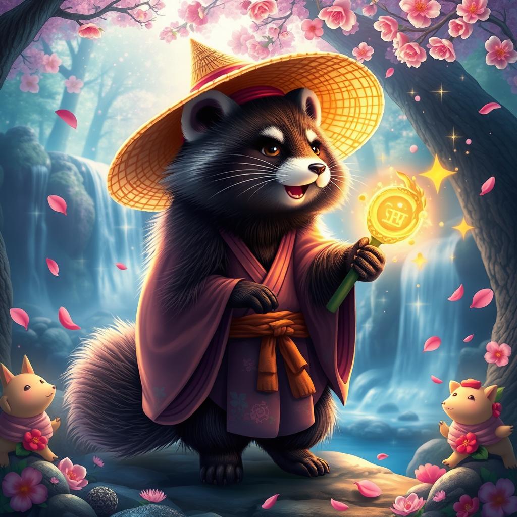 A magical tanuki in an enchanted forest, surrounded by sparkling lights and mystical creatures