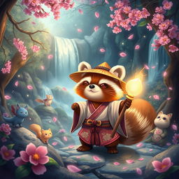 A magical tanuki in an enchanted forest, surrounded by sparkling lights and mystical creatures