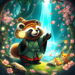 A magical tanuki in an enchanted forest, surrounded by sparkling lights and mystical creatures