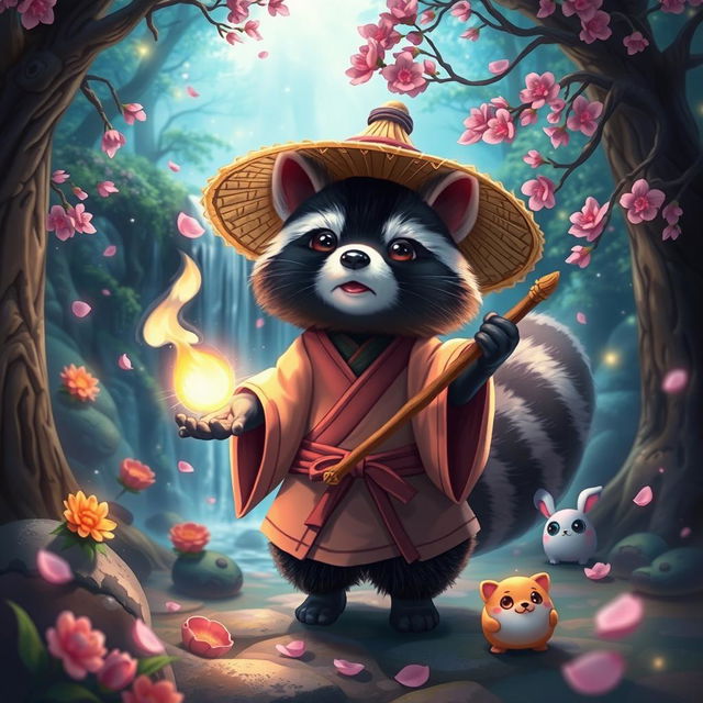 A magical tanuki in an enchanted forest, surrounded by sparkling lights and mystical creatures