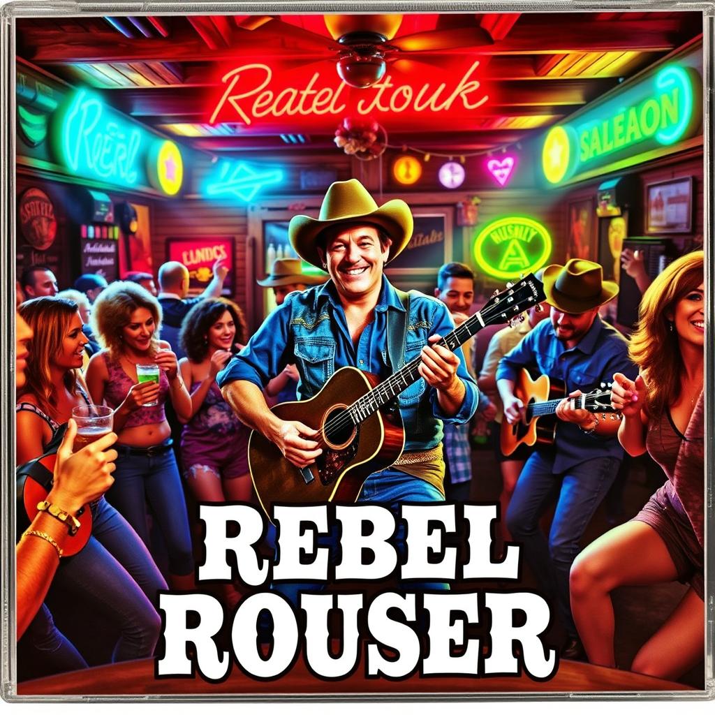 A vibrant and rebellious honky-tonk CD cover for "Rebel Rouser" featuring a lively saloon scene