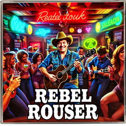 A vibrant and rebellious honky-tonk CD cover for "Rebel Rouser" featuring a lively saloon scene