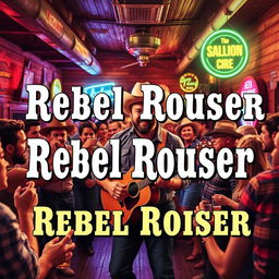 A vibrant and rebellious honky-tonk CD cover for "Rebel Rouser" featuring a lively saloon scene