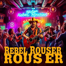 A vibrant and rebellious honky-tonk CD cover for "Rebel Rouser" featuring a lively saloon scene