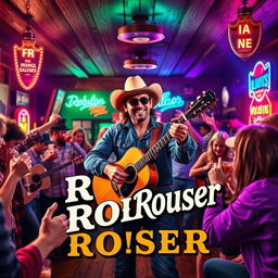 A vibrant and rebellious honky-tonk CD cover for "Rebel Rouser" featuring a lively saloon scene