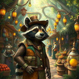 A raccoon merchant in a whimsical forest market, showcasing a variety of exotic and magical goods