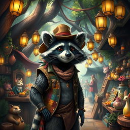 A raccoon merchant in a whimsical forest market, showcasing a variety of exotic and magical goods