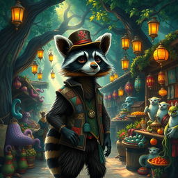 A raccoon merchant in a whimsical forest market, showcasing a variety of exotic and magical goods