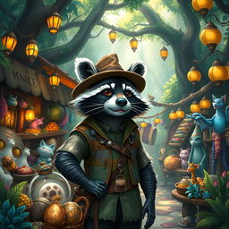 A raccoon merchant in a whimsical forest market, showcasing a variety of exotic and magical goods