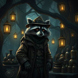 A shady raccoon merchant in a mysterious, dimly-lit forest market