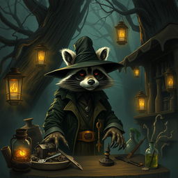 A shady raccoon merchant in a mysterious, dimly-lit forest market