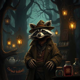 A shady raccoon merchant in a mysterious, dimly-lit forest market