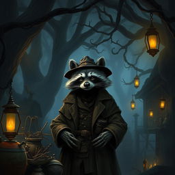 A shady raccoon merchant in a mysterious, dimly-lit forest market