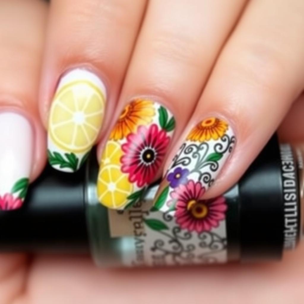 A nail art design inspired by Mexican Day of the Dead celebrations, featuring medium length nails