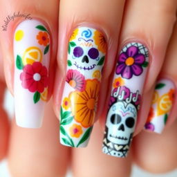 A nail art design inspired by Mexican Day of the Dead celebrations, featuring medium length nails