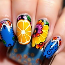 A nail art design inspired by Mexican Day of the Dead celebrations, featuring medium length nails