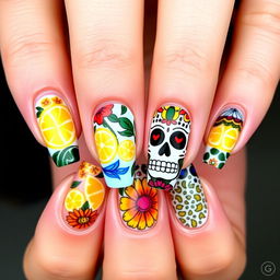 A nail art design inspired by Mexican Day of the Dead celebrations, featuring medium length nails