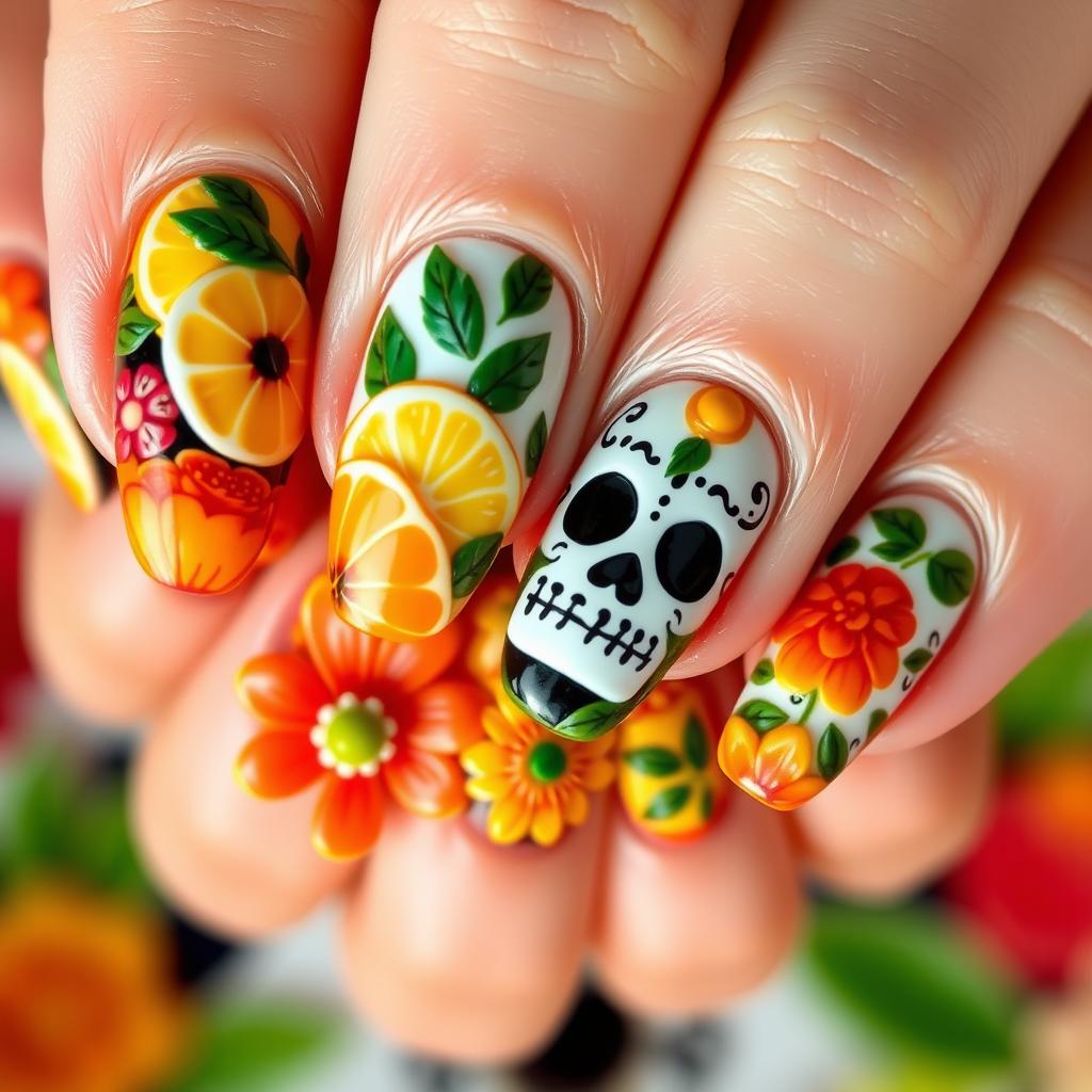 A 3D nail art design inspired by the Mexican Day of the Dead, featuring medium-length nails