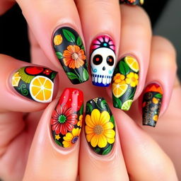 A 3D nail art design inspired by the Mexican Day of the Dead, featuring medium-length nails