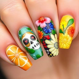 A 3D nail art design inspired by the Mexican Day of the Dead, featuring medium-length nails