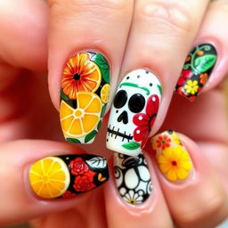 A 3D nail art design inspired by the Mexican Day of the Dead, featuring medium-length nails