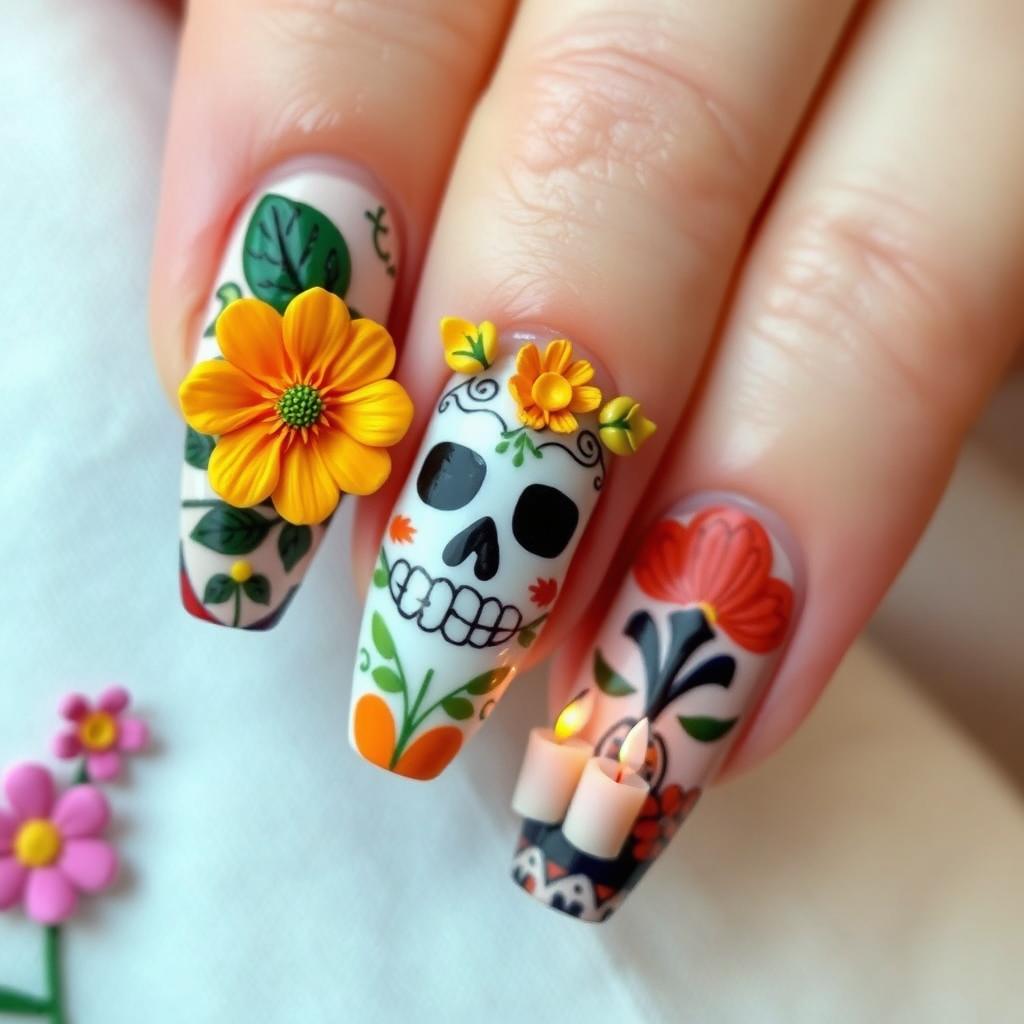 A medium-length nail manicure design featuring 3D elements inspired by Día de Muertos