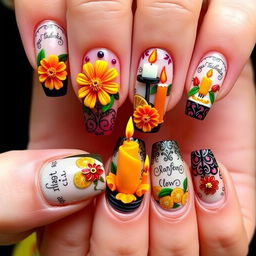 A medium-length nail manicure design featuring 3D elements inspired by Día de Muertos