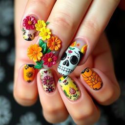 A medium-length nail manicure design featuring 3D elements inspired by Día de Muertos