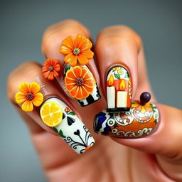 A medium-length nail manicure design featuring 3D elements inspired by Día de Muertos