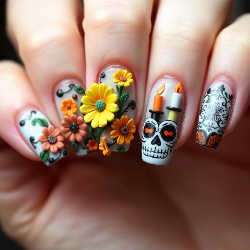 A medium-length nail manicure design featuring 3D elements inspired by Día de Muertos