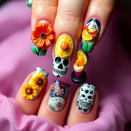 A medium-length nail manicure design featuring 3D elements inspired by Día de Muertos