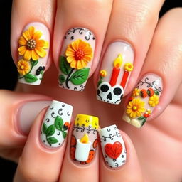 A medium-length nail manicure design featuring 3D elements inspired by Día de Muertos
