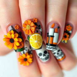 A medium-length nail manicure design featuring 3D elements inspired by Día de Muertos