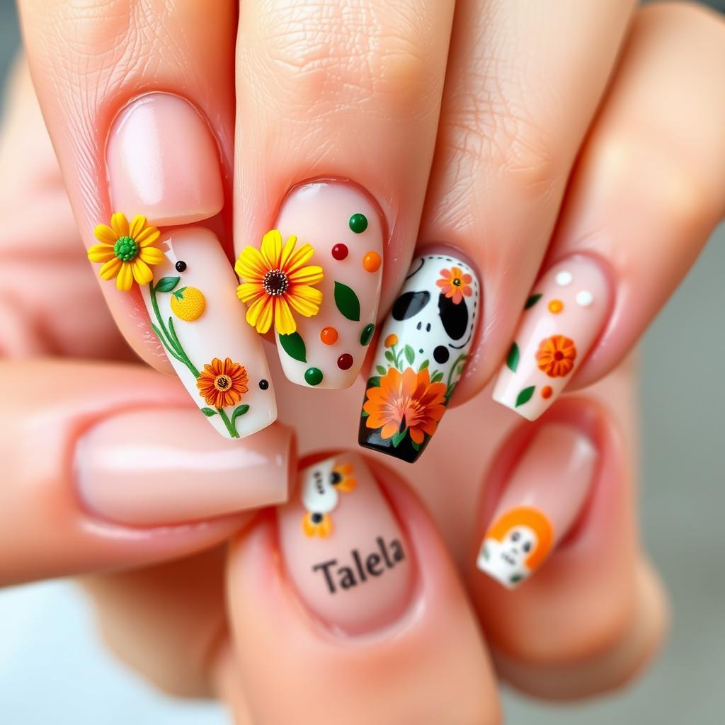 A medium-length nail manicure design featuring 3D elements inspired by Día de Muertos