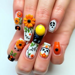 A medium-length nail manicure design featuring 3D elements inspired by Día de Muertos