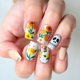 A medium-length nail manicure design featuring 3D elements inspired by Día de Muertos
