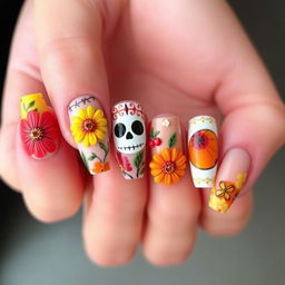 A medium-length nail manicure design featuring 3D elements inspired by Día de Muertos