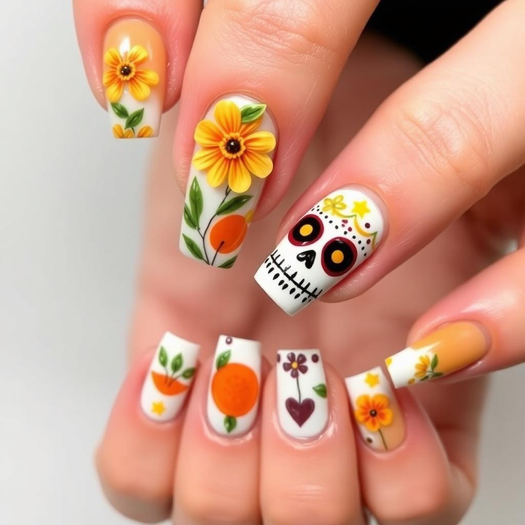A medium-length nail manicure design featuring 3D elements inspired by Día de Muertos