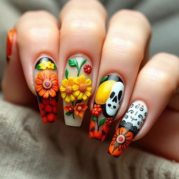 A medium-length nail manicure design featuring 3D elements inspired by Día de Muertos