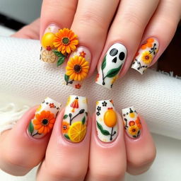A medium-length nail manicure design featuring 3D elements inspired by Día de Muertos