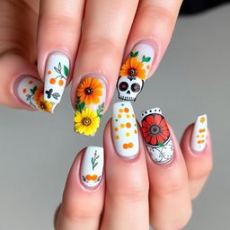 A medium-length nail manicure design featuring 3D elements inspired by Día de Muertos