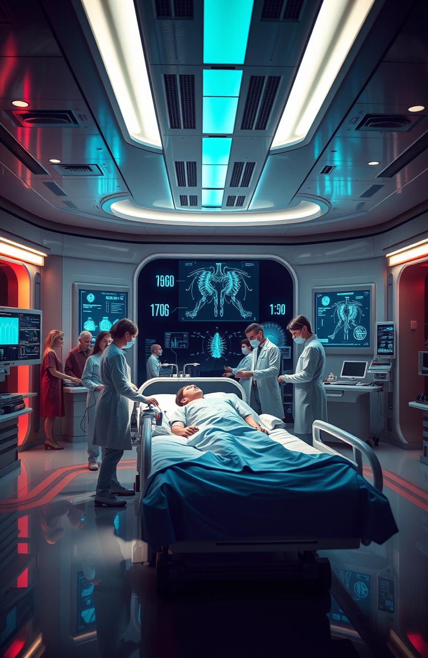 a scene depicting a futuristic hospital room with advanced medical technology, featuring a sleek design and ambient lighting