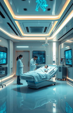 a scene depicting a futuristic hospital room with advanced medical technology, featuring a sleek design and ambient lighting